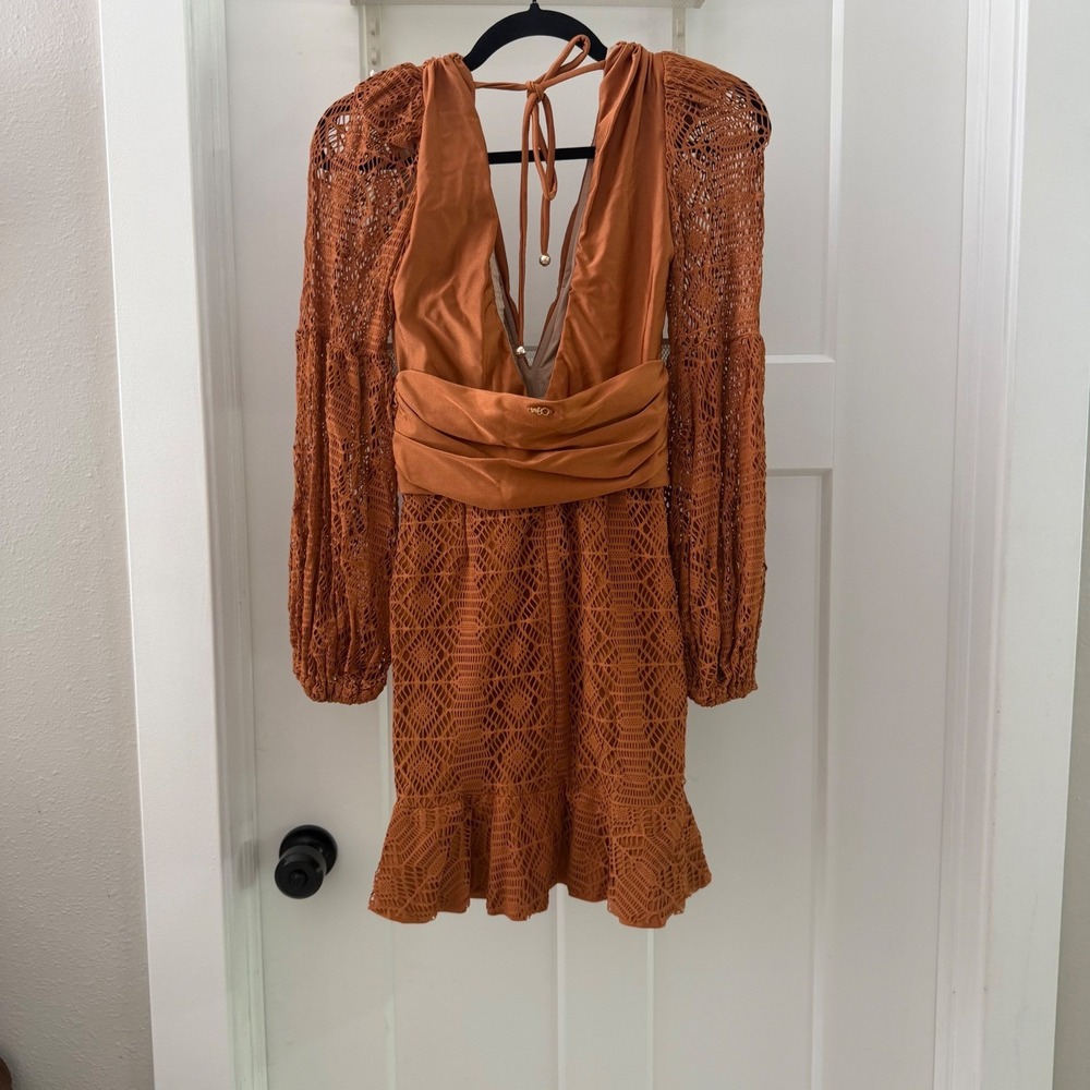 PatBO X Fashionpass Lace Plunge Mini Dress Brown Rust S New Resort Vacay Luxury - Picture 5 of 9
